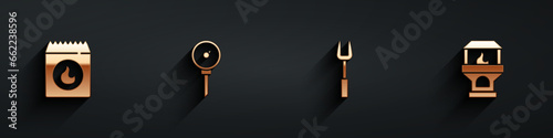 Set Barbecue coal bag, Kitchen thermometer, fork and Brick stove icon with long shadow. Vector