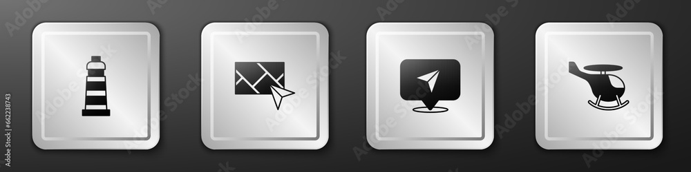 Set Lighthouse, City map navigation, Infographic of city and Helicopter icon. Silver square button. Vector Set Lighthouse, City map navigation, Infographic of city and Helicopter icon. Silver square button. Vector