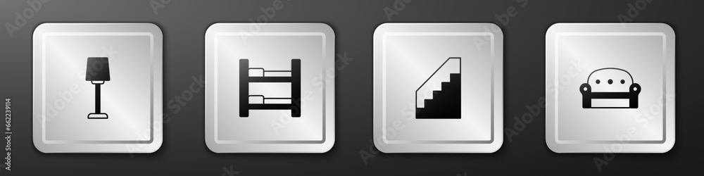 Set Table lamp, Hotel room bed, Stairs and Sofa icon. Silver square button. Vector