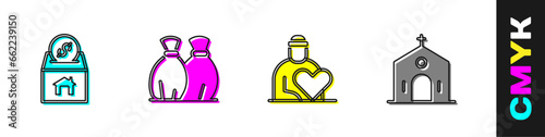 Set Donation and charity, Garbage bag, Volunteer and Church building icon. Vector