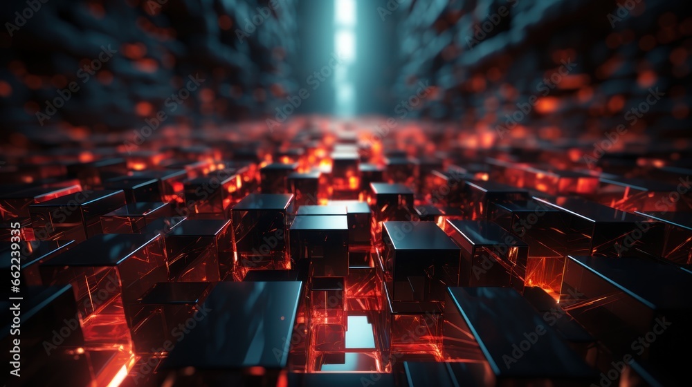 Fototapeta premium Black background with squares with red backlight, fantastic virtual reality.