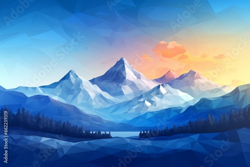 Colorful low poly art of a mountain landscape with gradient blue background. Generative AI