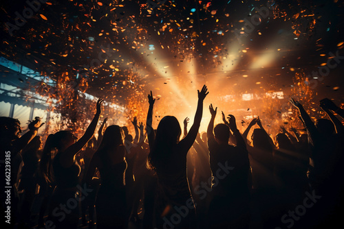 christmas festive party silhouttes dancing,confetti and bokeh lights, atmospheric photo