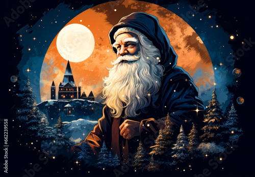 a circular logo composition with santa claus, pine trees, moon, night, with stars, illustration