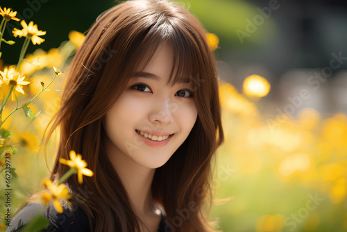 花畑で笑顔の女性