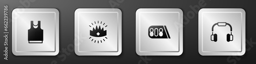 Set Undershirt, King crown, Drum machine music and Headphones icon. Silver square button. Vector