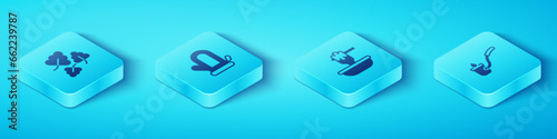 Set Isometric Oak leaf, Sauna mitten, ladle and Honey dipper stick with bowl icon. Vector