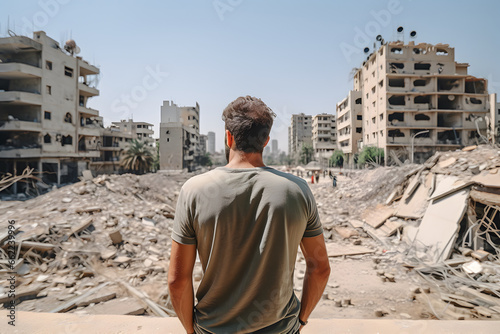 Back view of a sad man in destroyed city during war.
