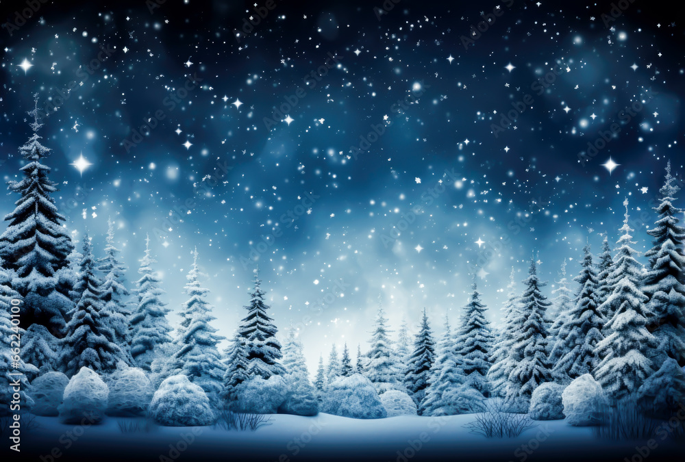 snow falling on a winter background with snowy pines and stars in the sky, winter, christmas, copy space