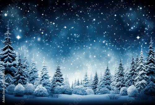 snow falling on a winter background with snowy pines and stars in the sky, winter, christmas, copy space