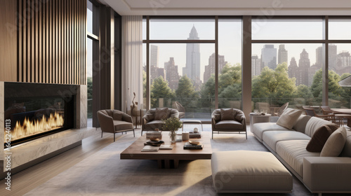 Interior of a modern apartment with a fireplace and panoramic windows. Living room with a view of the big city. © July P
