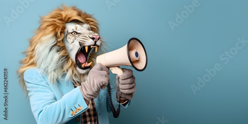 Lion announcing using hand speaker. Notifying, warning, announcement.
