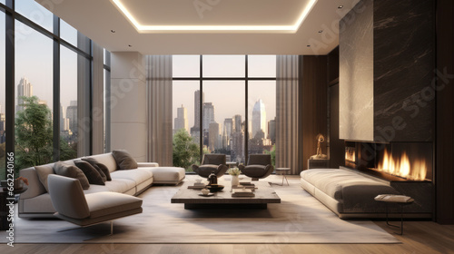 Interior of a modern apartment with a fireplace and panoramic windows. Living room with a view of the big city.