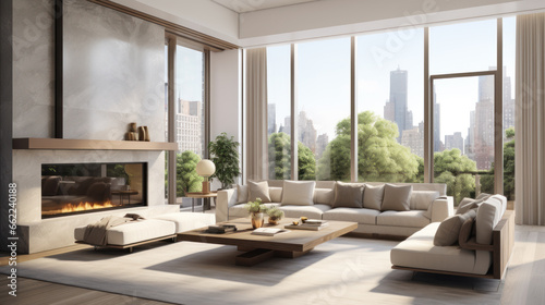 Interior of a modern apartment with a fireplace and panoramic windows. Living room with a view of the big city. © July P