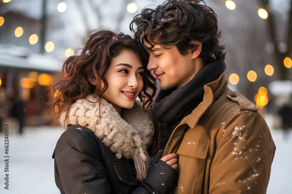 a couple is in the snowy street, hugging and smiling, it is winter and it is cold. lifestyles, relationships