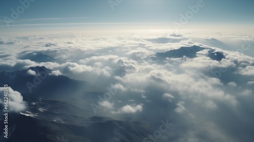 sky, clouds, cloud, nature, air, aerial, view, weather, fly, heaven, sun, high, space, blue, white, cloudscape, above, flight, cloudy, plane, day, airplane, landscape, atmosphere, light, generative, a