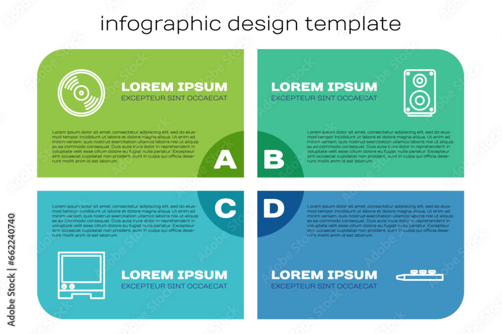 Fototapeta premium Set line Voice assistant, Vinyl disk, Drum and drum sticks and Stereo speaker. Business infographic template. Vector