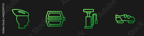 Set line Bicycle air pump, helmet, pedal and shoes. Gradient color icons. Vector