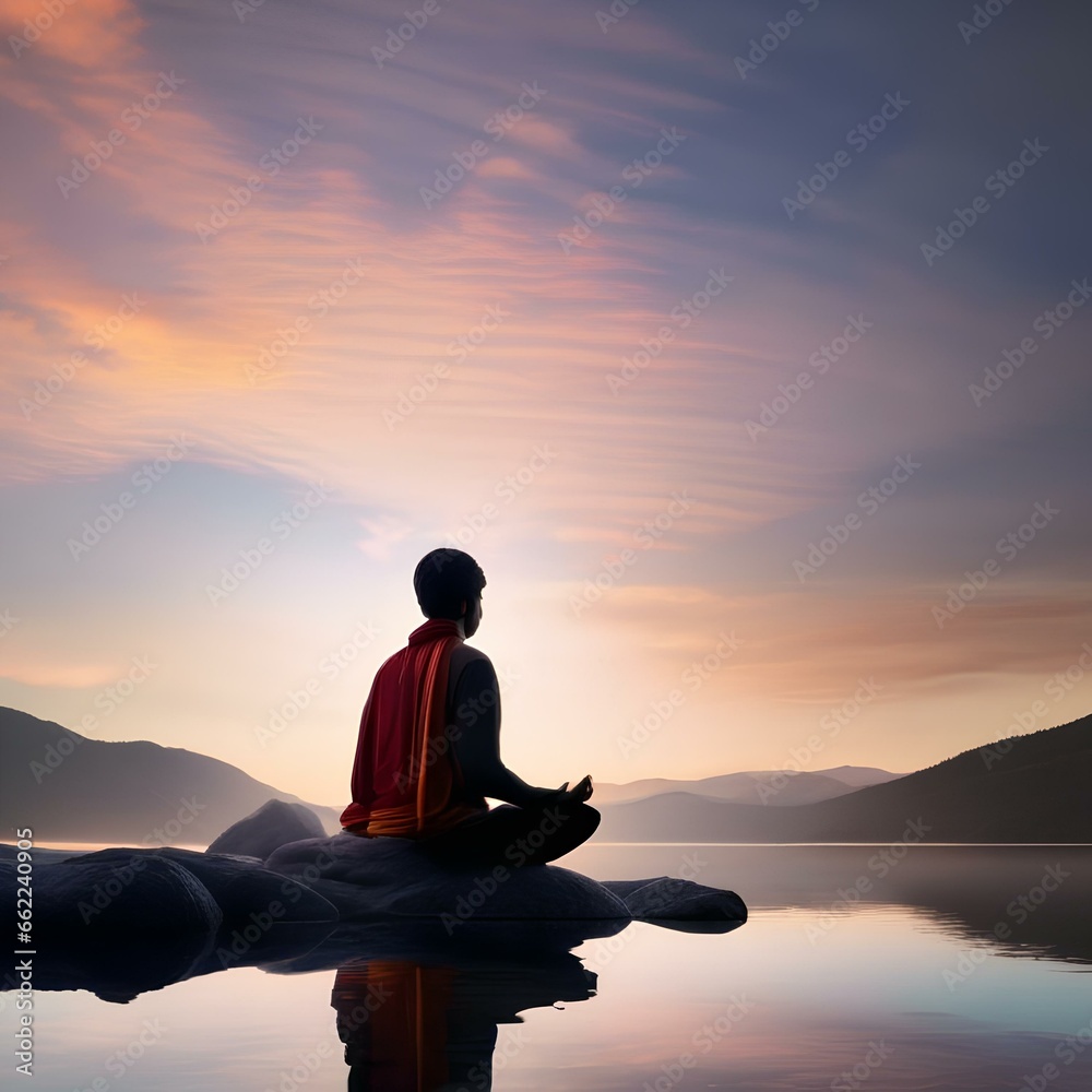 A person practicing mindfulness, meditating by a tranquil lake5