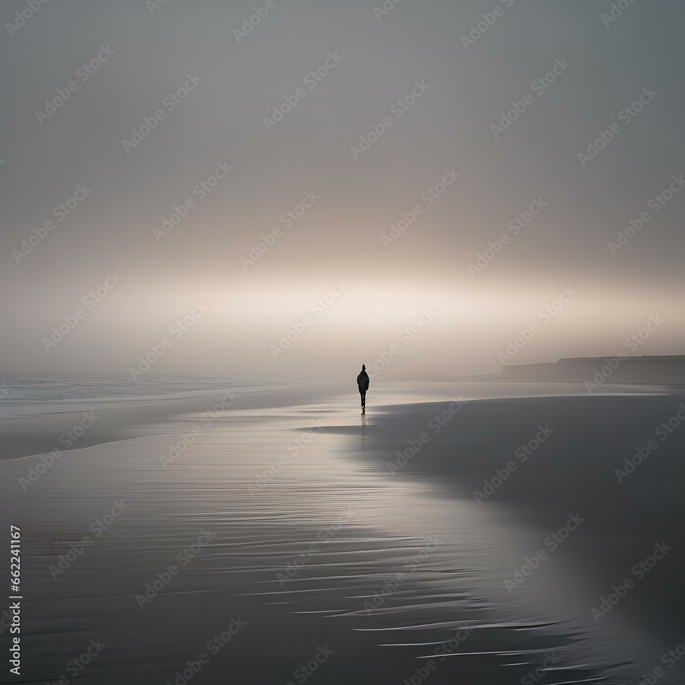 A solitary figure standing on a desolate, foggy beach4