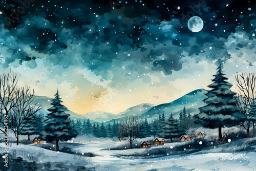 christmas snowy background scene, with little houses and pine trees, painting style