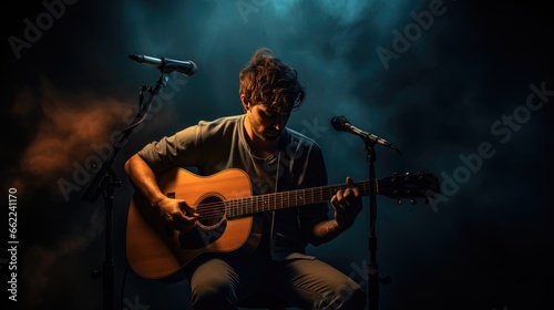 Musician with guitars singing at concert