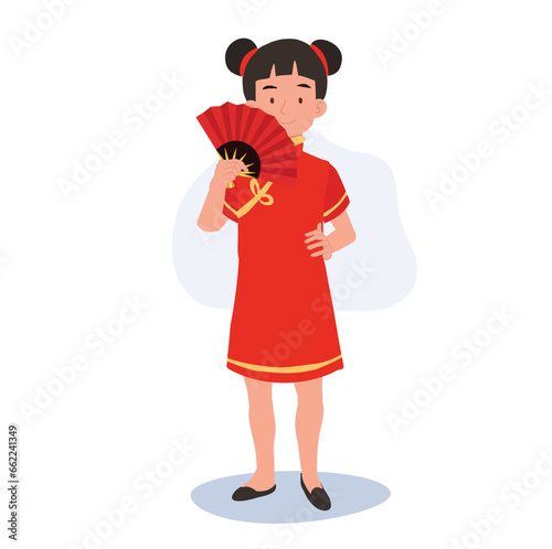  Smiling Child in Chinese Traditional Costume with Fan