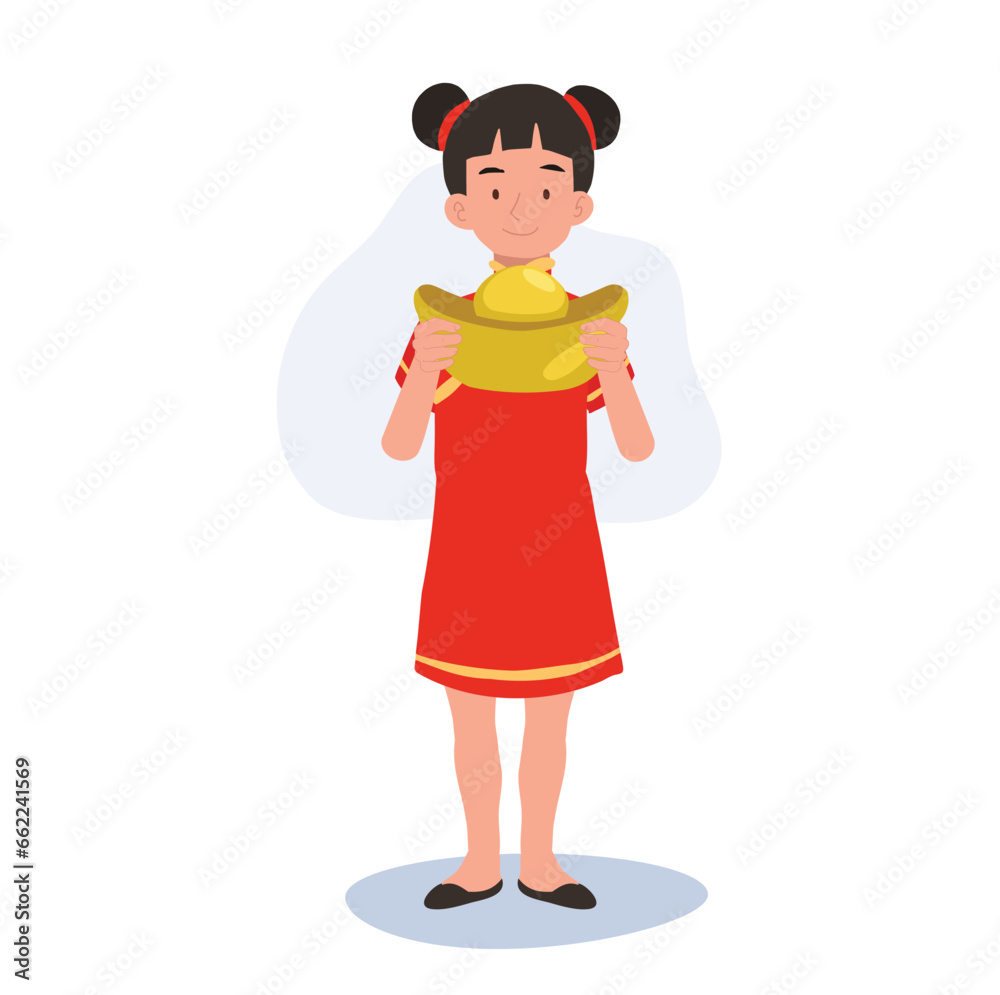 Cute Child in Chinese Cultural Dress Celebrating Lunar New Year with Gold. Little Kid in Chinese Traditional Costume with Gold Cute Child in Chinese Cultural Dress Celebrating Lunar New Year with Gold. Little Kid in Chinese Traditional Costume with Gold