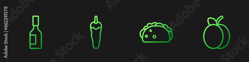 Set line Taco with tortilla, Tabasco sauce, Hot chili pepper and Plum fruit. Gradient color icons. Vector