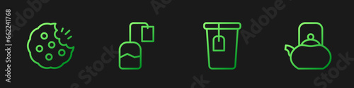 Set line Cup with tea bag, Cookie or biscuit, Tea and Kettle handle. Gradient color icons. Vector