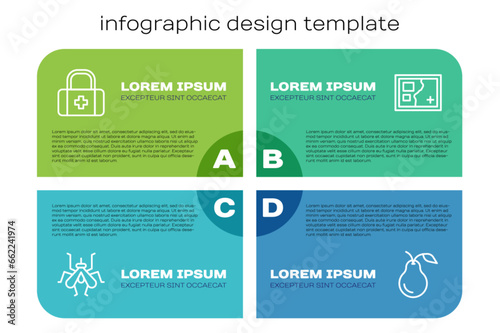 Set line Mosquito, First aid kit, Pear and Folded map. Business infographic template. Vector