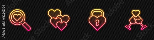 Set line Castle in the shape of heart, Search and love, Heart and Glass champagne. Glowing neon icon. Vector
