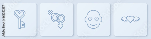 Set line Key in heart shape, Romantic man, Gender and Heart with wings. White square button. Vector