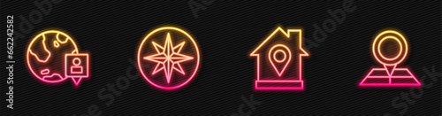 Set line Location with house, the globe, Wind rose and Folded map location marker. Glowing neon icon. Vector