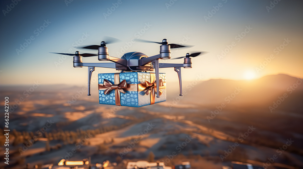 Drone delivering a box or gift. Air courier and technology with Drones. Generative ai