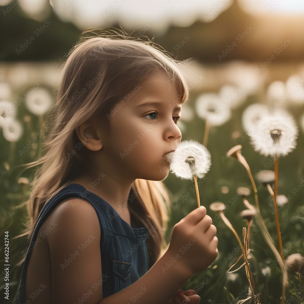A child blowing dandelion seeds into the wind, making a wish4 A child blowing dandelion seeds into the wind, making a wish4