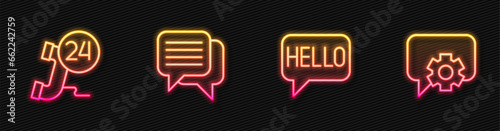 Set line Hello in different languages, Telephone 24 hours support, Speech bubble chat and . Glowing neon icon. Vector