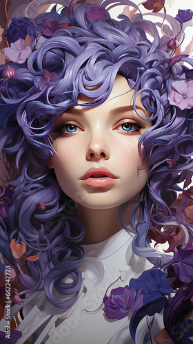 Oil Pianting of Beautiful Women Face with Curly Purple Hair Background