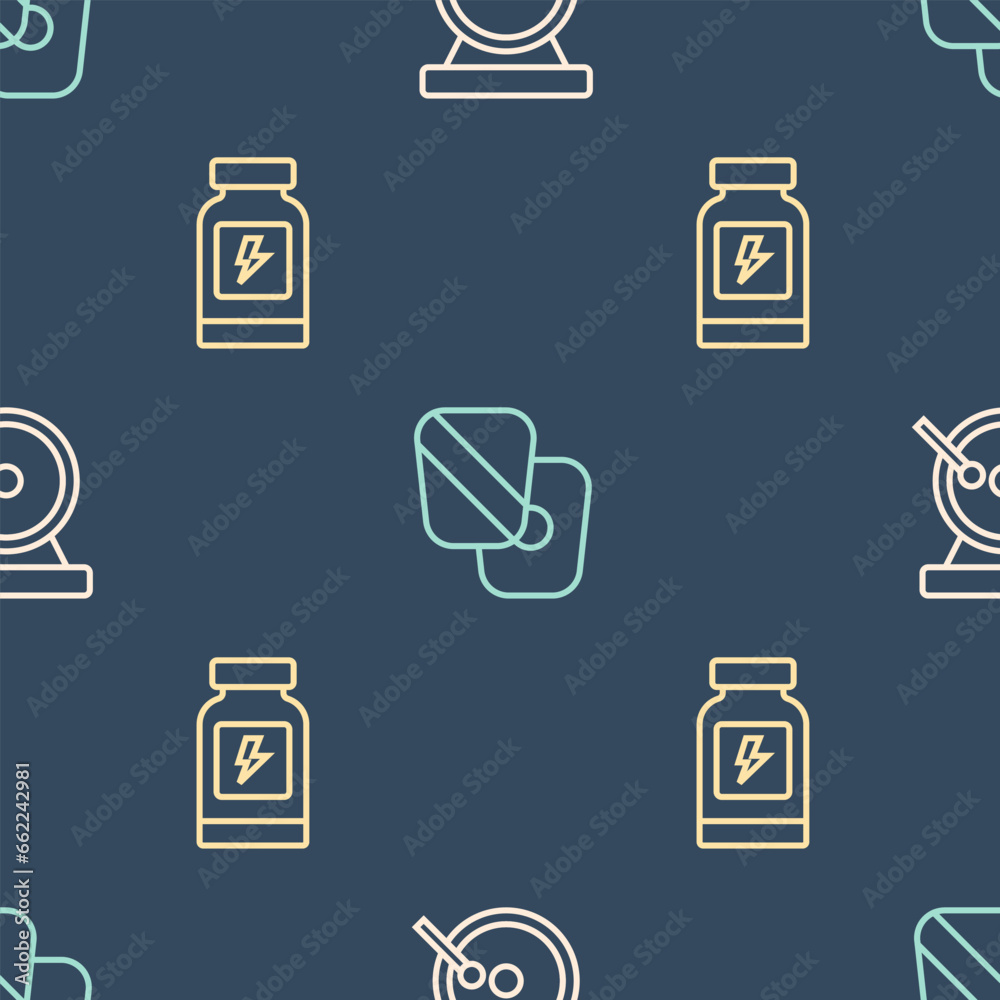 Set line Boxing gong, Energy drink and training paws on seamless pattern. Vector Set line Boxing gong, Energy drink and training paws on seamless pattern. Vector