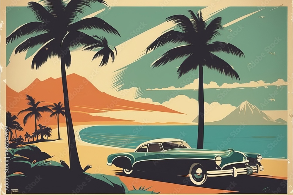 vintage car with a palm tree on the road. vintage car with a palm tree on the road. vintage car and tropical trees on the beach.