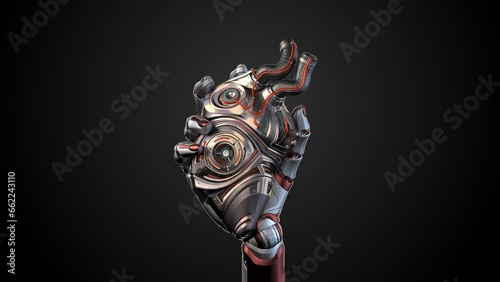 Robotic arm holds detailed artificial heart or metallic woman hand shows cybernetic organ with moving gear and pistons. 3d rendering animation isolated on dark background with alpha