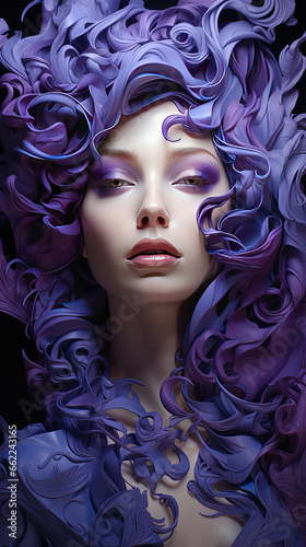 Oil Pianting of Beautiful Women Face with Curly Purple Hair Background