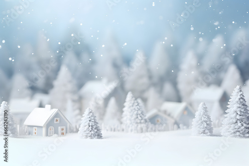 Miniature houses between pine trees covered by snow in winter