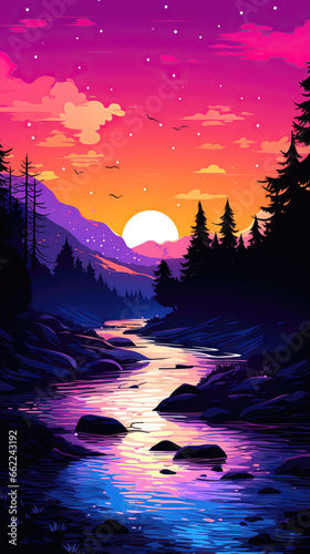 Night landscape with river and forest. Vector illustration