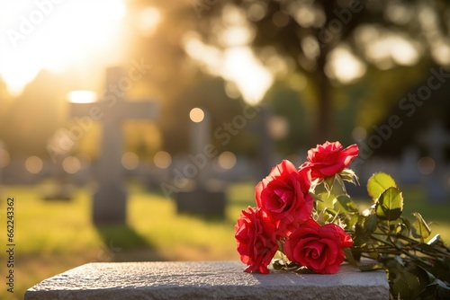 Red roses on a grave at a cemetery during the sunset with copy space