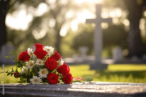 Red roses on a grave at a cemetery during the sunset with copy space