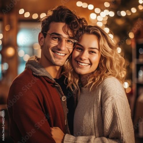 photo of a happy couple smile, standing side by side facing the camera, warm light backgrounds