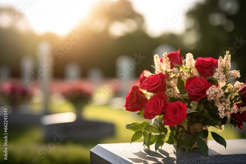 Red roses on a grave at a cemetery during the sunset with copy space