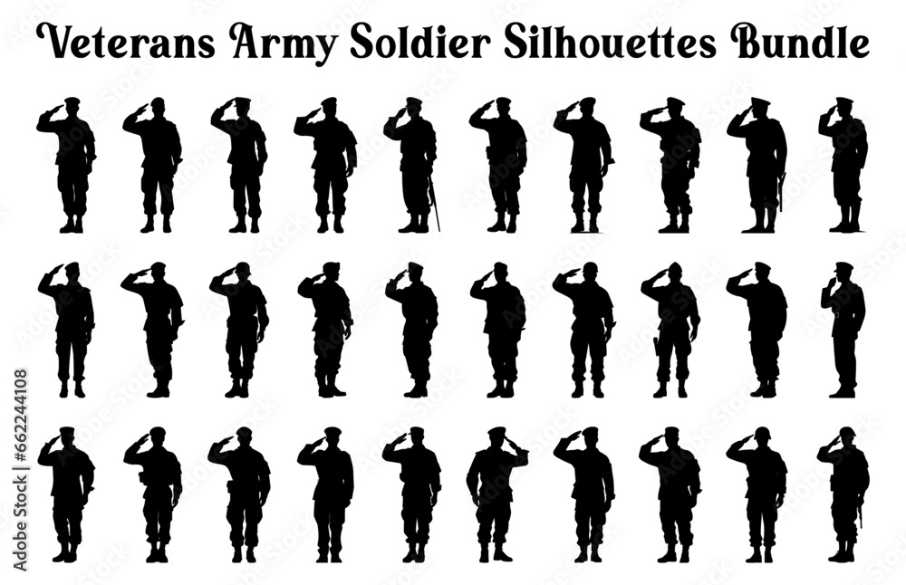 Veterans Army Saluting Vector Silhouettes Bundle, Soldier silhouettes collection for Veterans Day, Army soldier force silhouettes - obrazy, fototapety, plakaty 