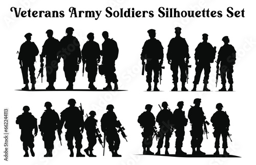 Set of Veterans Army soldiers Vector Silhouettes, Army Soldiers vector Clipart silhouette collection